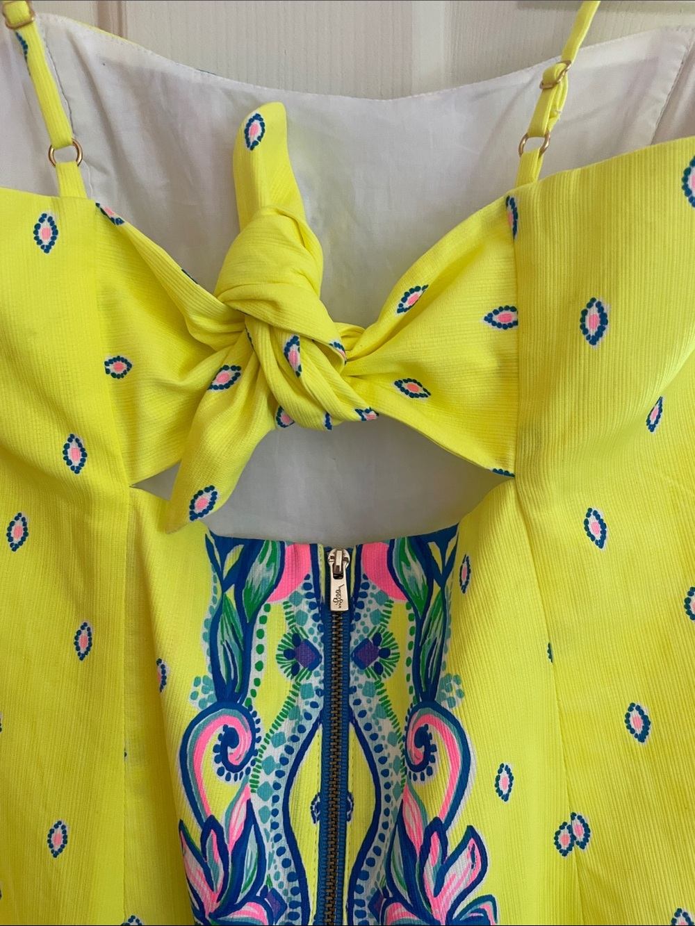 NWT Lilly Pulitzer Neon Yellow Mini Dress with Blue and Pink Border - Picture 3 of 4